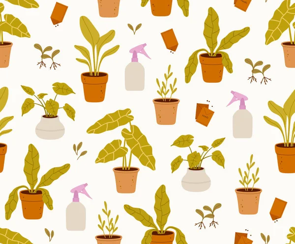 园艺工具 室内植物 幼苗和种子的无缝图案 盆栽和手工喷雾器 生态园艺的概念 种植植物的工具 家庭植物 — 图库矢量图片