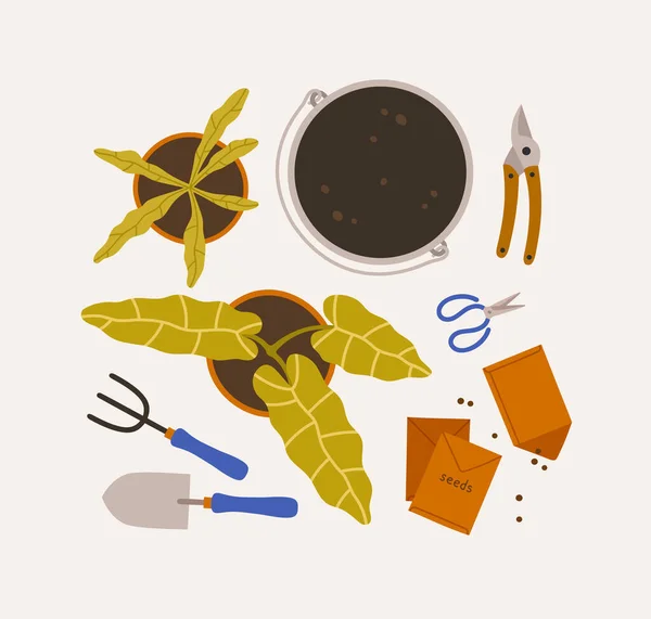 园艺工具 干草叉 用泥土铲子 生态园艺的概念 种植植物的工具 家庭植物 — 图库矢量图片