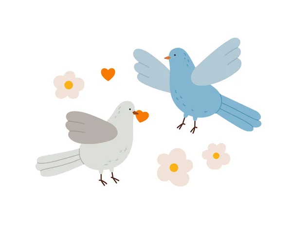 stock vector Hand-drawn beige and blue pigeons with hearts. Two love birds. Saint Valentine's day. Romantic print design.