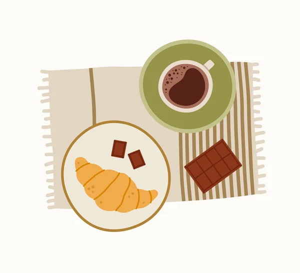 手绘咖啡杯 盘子里有羊角面包 巧克力和厨房毛巾 情人节 浪漫的礼物 — 图库矢量图片