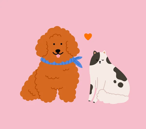 手工绘制的褐色狮子狗与猫隔离在粉红色的背景 情人节的概念 可爱的家养宠物 — 图库矢量图片