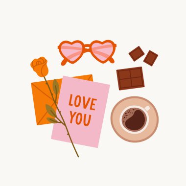 Hand-drawn envelope with a love letter, rose, glasses, coffee cup, and chocolate. Concept of valentine's day, romance, love, love letter. 