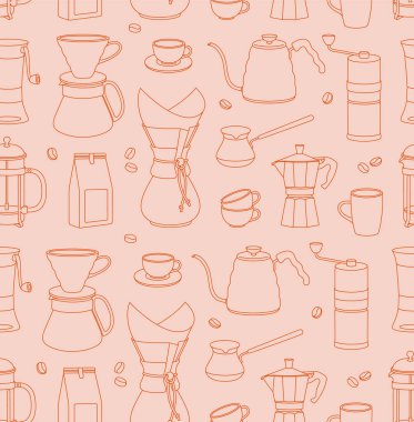 Seamless pattern of coffee equipment and tools for brewing coffee. Line art. Vector illustration for coffee shops, cafes, and restaurants.