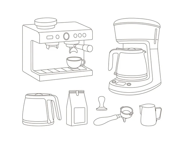 Hand Drawn Set Coffee Machine Drip Coffee Maker Coffee Package — Stock Vector