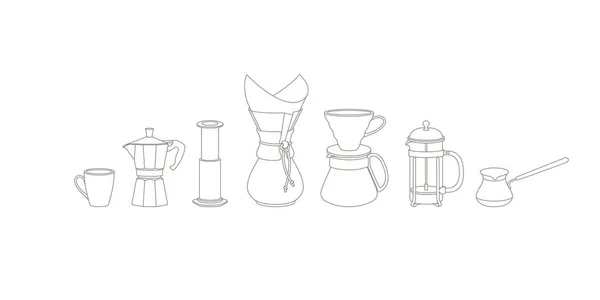 Hand Drawn Set Tools Brewing Coffee Line Art Vector Illustration — Stock Vector