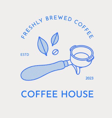 Kahve logosu şablonu. Portafilter, kahve çekirdeği ve kahve yaprakları. Çizgi çalışması. Kahve dükkanları, kafeler ve restoranlar için vektör illüstrasyonu.