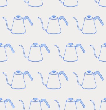 Kahve ısıtıcısının kusursuz deseni. Çizgi sanatı, retro. Kahve dükkanları, kafeler ve restoranlar için vektör illüstrasyonu.