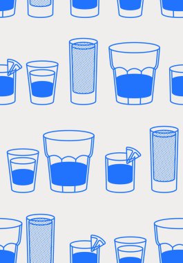 Farklı kısa alkollü içeceklerin kusursuz kalıpları. Çizgi sanatı, retro. Barlar, kafeler ve restoranlar için vektör illüstrasyonu.