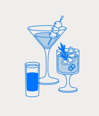 Martini, Paloma kokteyli ve kısa bir içki. Çizgi sanatı, retro. Barlar, kafeler ve restoranlar için vektör illüstrasyonu.