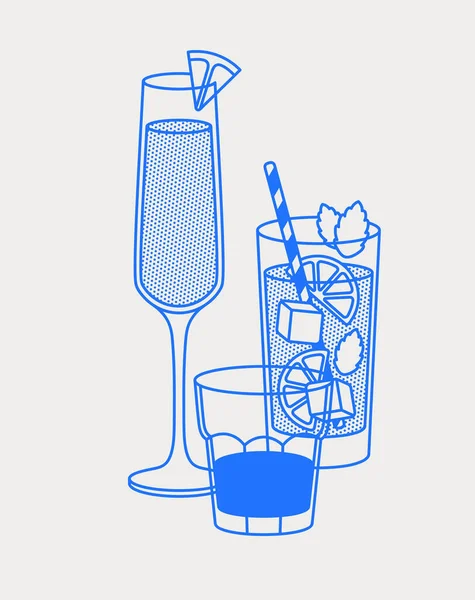 Mimosa Mojito Und Ein Kurzer Drink Linienkunst Retro Vektorillustration Für — Stockvektor