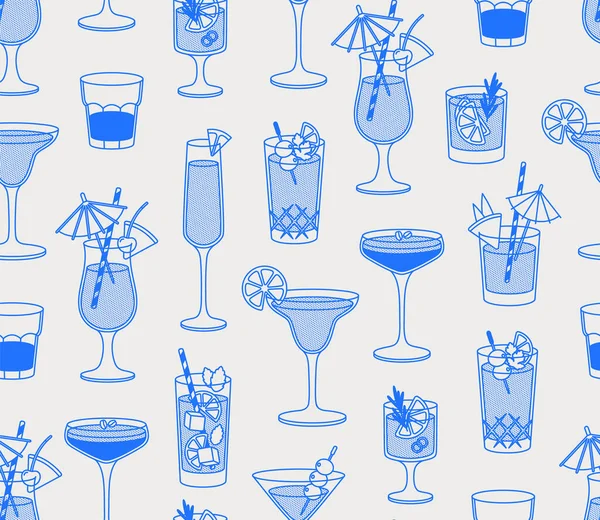 Nahtloses Muster Von Cocktails Linienkunst Retro Vektorillustration Für Bars Cafés — Stockvektor