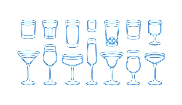 Différents Verres Cocktail Art Linéaire Rétro Illustration Vectorielle Pour Bars — Image vectorielle