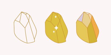 El yapımı sarı kristal mineral bej arka planda izole edilmiş. Minimalist çizgi sanatı, ve renkli düz, retro tarzı.