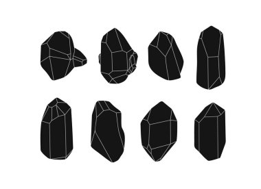 El yapımı kristal mineraller. Minimalist düz tasarım, retro stil, siyah renk. Geometrik değerli taş çizimi.