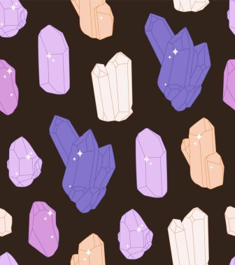 Kristal minerallerin kusursuz deseni. Minimalist düz dizayn, retro tarzı. Geometrik değerli taş çizimi.