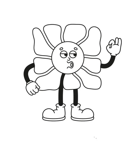 グルービーの花の手描きのレトロなキャラクター トレンディなレトロな漫画スタイルのベクトルイラスト ラインアート — ストックベクタ