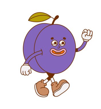 El çizimi renkli erik retro karakteri. Eski moda çizgi film tarzında vektör illüstrasyonu. Meyve, sağlıklı yiyecekler..