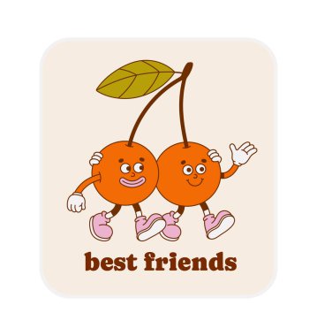 Elle çizilmiş renkli, sloganı olan vişneli retro karakter. Vektör çıkartması modaya uygun retro çizgi film tarzında. Meyve, sağlıklı yiyecekler..