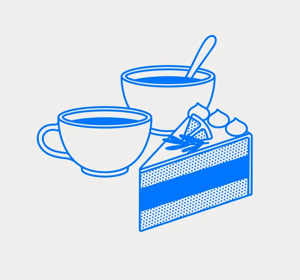 Kuchenstück Mit Zwei Tassen Kaffee Linienkunst Retro Vektorillustration Für Bars Vektorgrafiken