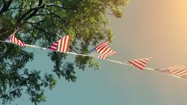 Amerykańskie Flagi Trzepotanie Słońcu Blask — Wideo stockowe