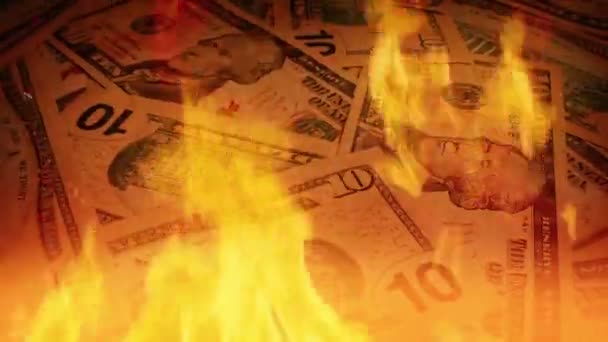 Zehn Dollar Scheine Rotieren Feuer Wirtschaftsabschwung — Stockvideo