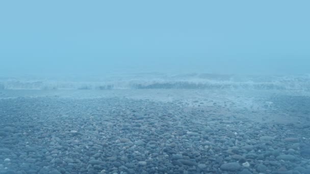 Dichter Nebel Über Felsigem Strand Tag — Stockvideo