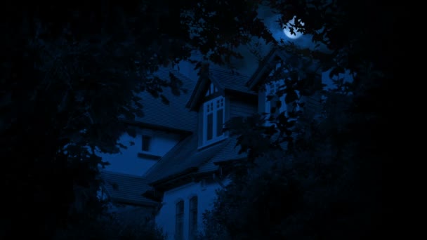 Gruselige Nachtszene Eines Hauses Mit Blitzeinschlägen Und Mond Darüber — Stockvideo