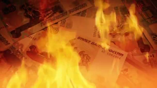 Ρωσικά Ρούβλια Χαρτονομίσματα Στη Φωτιά — Αρχείο Βίντεο