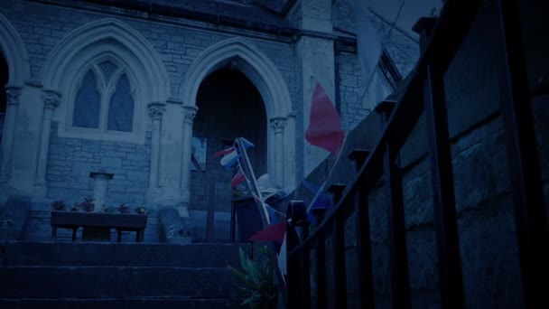Church Steps Bunting Flapping Evening — Vídeo de Stock