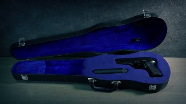 Gun Silencer Violin Case Opened Shots — Vídeo de stock
