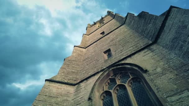Looking Medieval Church Tower Clouds Passing — Vídeo de Stock