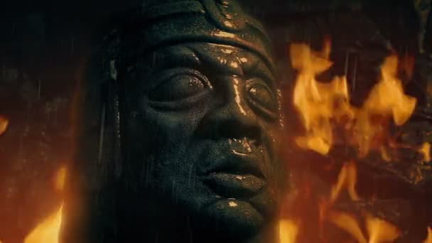 Stone Head Fire Rain Generic Ancient Scene — Stok video