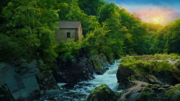 Storybook Scene Old House River — Stock Video