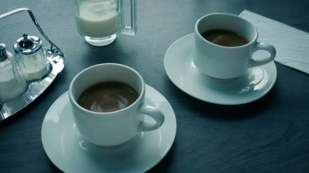 Strong Earthquake Shakes Table Splashing Coffee Everywhere — 图库视频影像