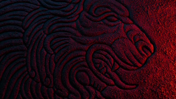 Lion Face Carving Illuminated Closeup — стоковое видео
