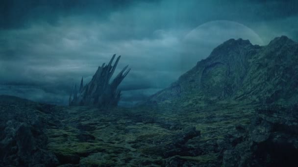 Rain Lightning Strikes Alien Object Mountainous Landscape — Vídeos de Stock