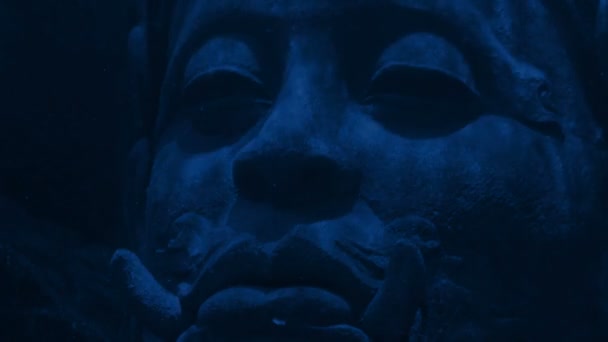 Δύτης Κολυμπά Παρελθόν Αρχαίο Άγαλμα Στο Σκοτάδι — Αρχείο Βίντεο