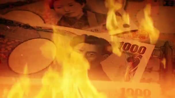 Japonské Jenové Bankovky Plamenech Koncepce Ekonomiky — Stock video