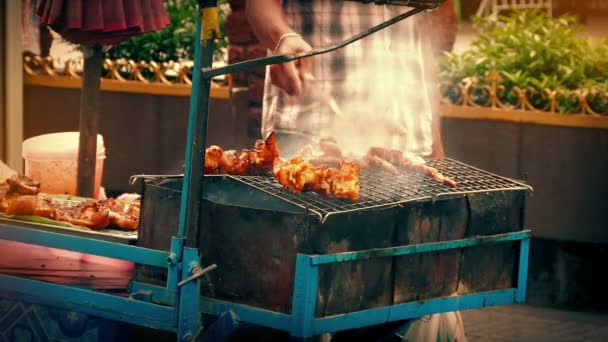 Uomo Cucina Carne Sulla Griglia Fumante All Angolo Della Strada — Video Stock