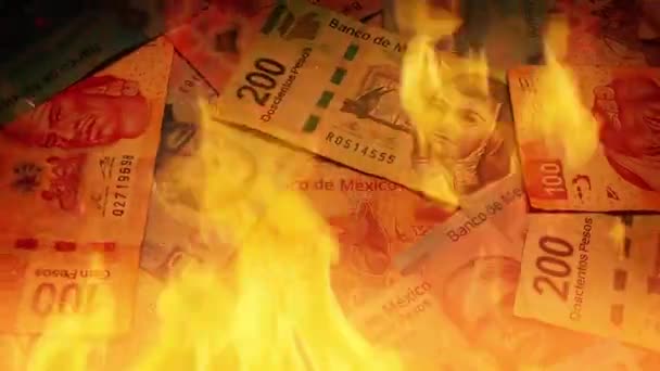 Mexican Banknotes Fire Economy Concept — Stock Video