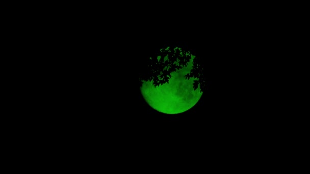 Spookachtige Groene Maan Met Boomtakken Bewegend Wind — Stockvideo