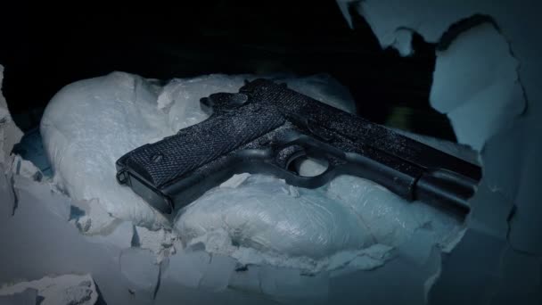 Камера Вспыхивает Свет Пистолет Мешки Наркотиками — стоковое видео
