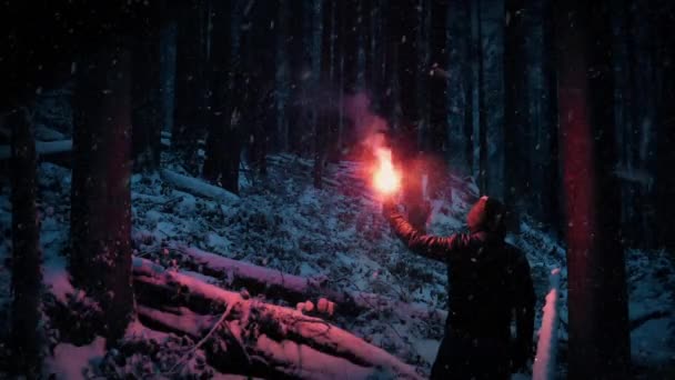 Man Lights Flare Snowy Wilderness Walks — Stock Video
