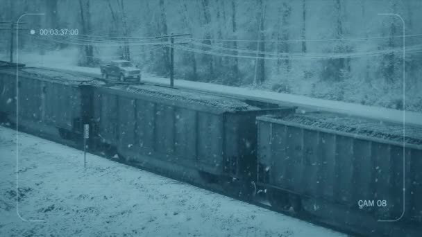Cctv Car Passes Industrial Train Snow — Stock Video