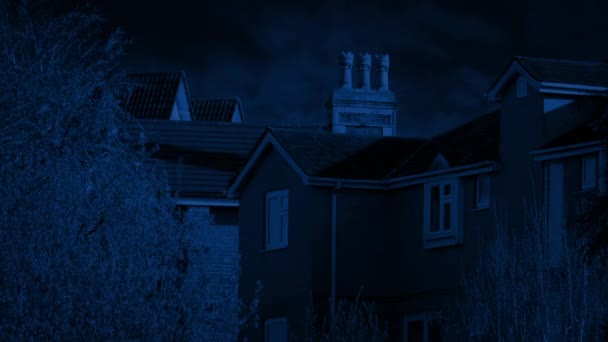 Gece Geç Saatlerde Işık Açık Kapalı Ağaçtan Evlere — Stok video