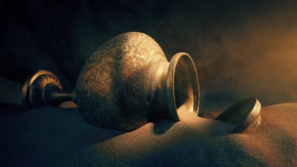 光のほこりっぽいシャフトの古代の金の花瓶 — ストック動画