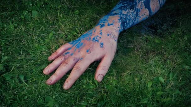 人的胳膊与蓝色的异形果在草地上 — 图库视频影像