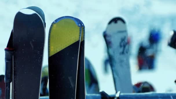 Snowboards Ski Resort People Nearby — стоковое видео