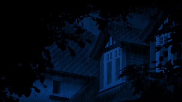 Hus Regnstorm Natten Med Ljus Eller Utanför — Stockvideo