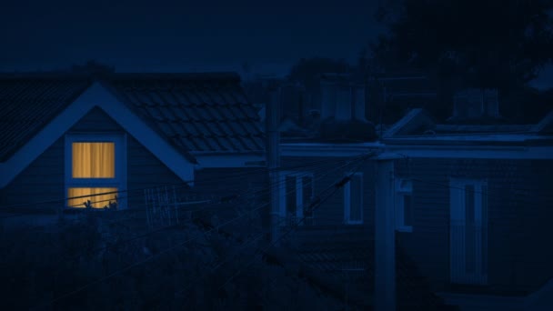 Licht Aan Huis Nachts Buitenwijken — Stockvideo